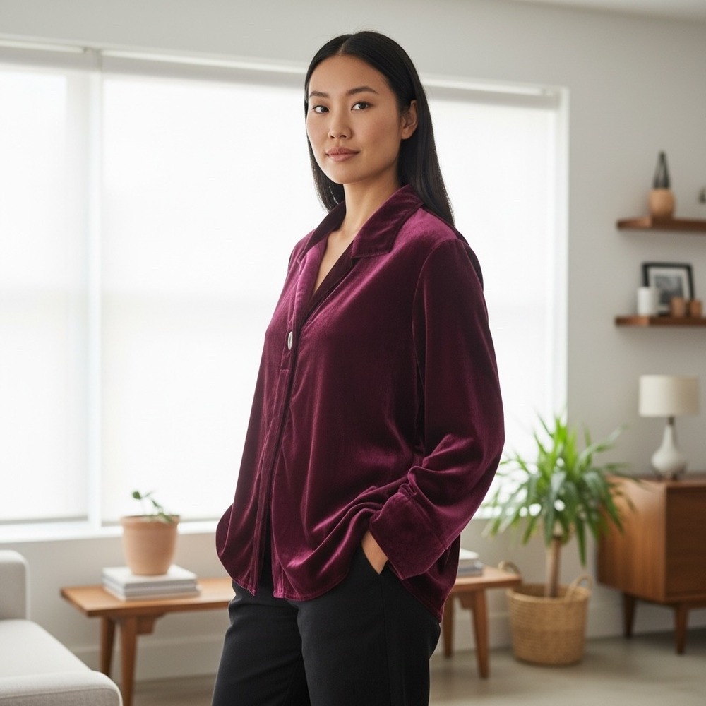 HABITAT Velvet Button Front Shirt Jacket M Plum Wine Lagenlook Luxury Chic
